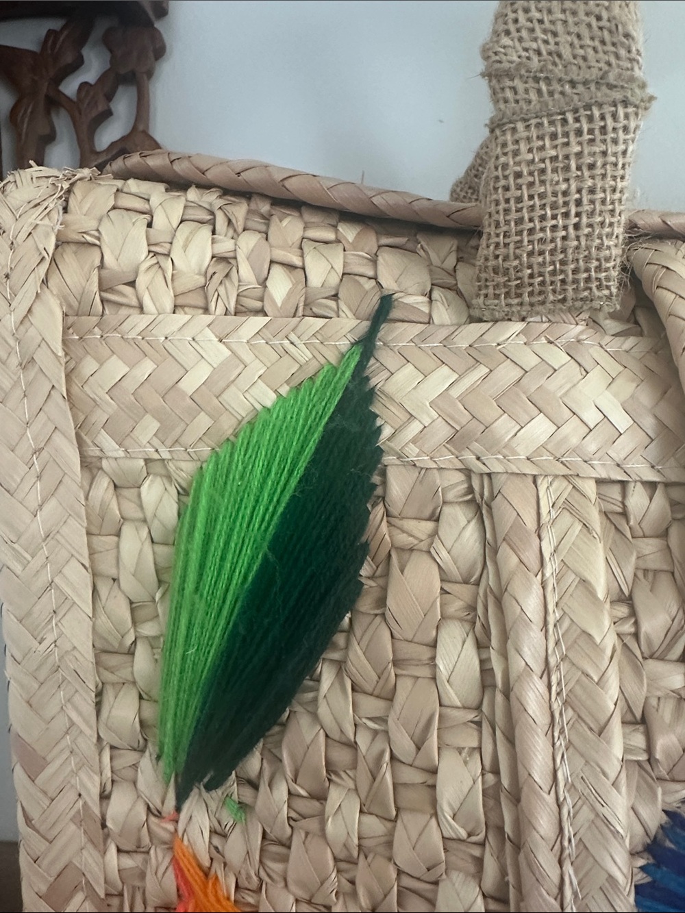 Vintage 60s 70s Mexican Hand Woven Straw Tote Bag Yarn Embroidered Boho - Picture 6 of 12